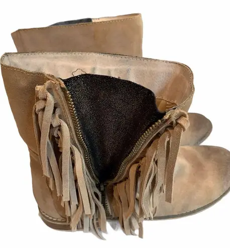 Encore “Journey” Suede Fringe Booties, Sz 8