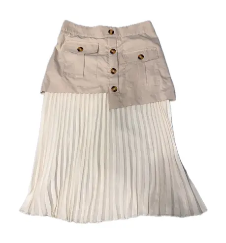 Commense Beige Pleated Contrast Midi Skirt Women's M – Front Utility & chiffon Tan Size M