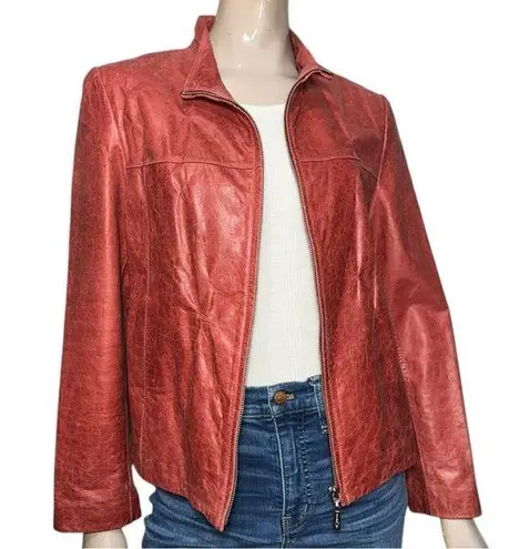 Pasha & Jo Women’s Size L Red Burgundy Distressed Leather Zip Up Jacket Size L