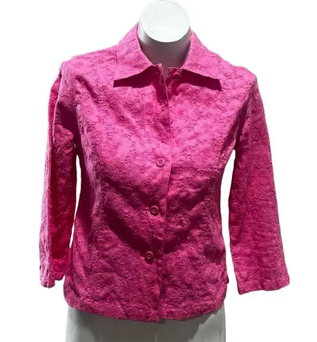 Saint Tropez West Women Pink Embroidered Linen 3/4 Sleeve Button-Up Shirt Jacket