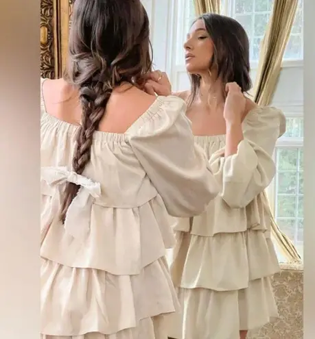 We Wore What NWT Beige Tiered Gauzy Off-the-Shoulder Dress with Balloon Sleeves