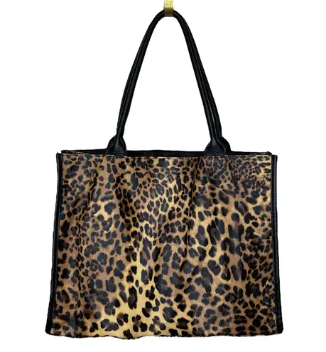 Neiman Marcus Leopard Print Tote Bag Black Tan Brown