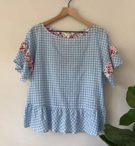 Matilda Jane  100% Cotton Gingham Floral Flutter Short Sleeve Top Babydoll Peplum