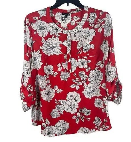 Sami & Jo Red Floral Sheer Pullover Roll Tab Sleeve V-neck Top 2x