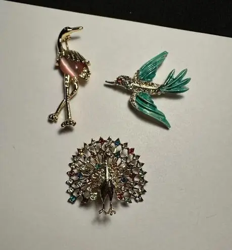Flamingo , Peacock, Flying Bird Lot Of 3 Rhinestone Gold Tone Brooch Pins