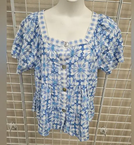 GRAND & GREENE Checkered Floral Embroidered Top NWT Blue Size XL