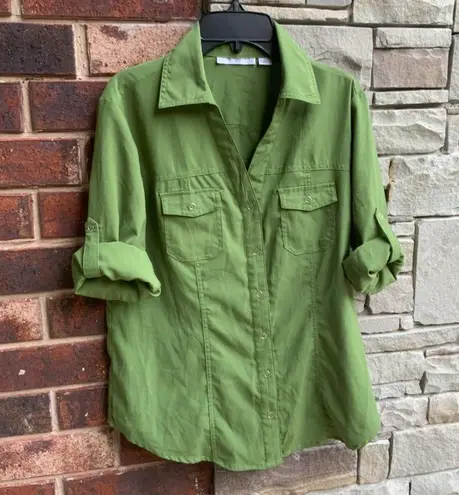 Passports Olive Green Snap Blouse Adj Sleeves Sm