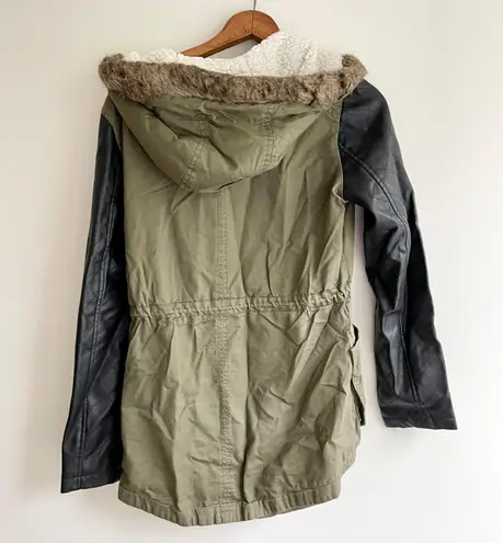 Thread and Supply Olive Green Jacket With Black Leather Sleeves