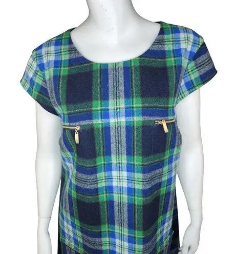 Julie Brown Womens Size 8 Green Plaid Wool Blend Short Sleeve Midi Dress Pockets