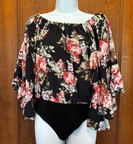 LPA Floral Ruffled Sleeve Off Shoulder Thong Bodysuit Medium
