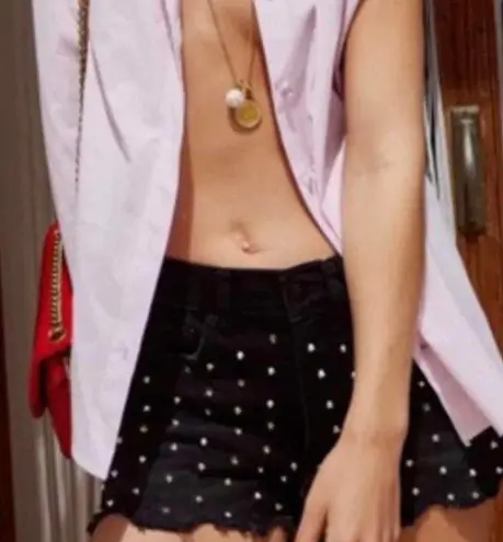 The Kooples Studded Denim Distressed Fray Cheeky Mini Shorts Black