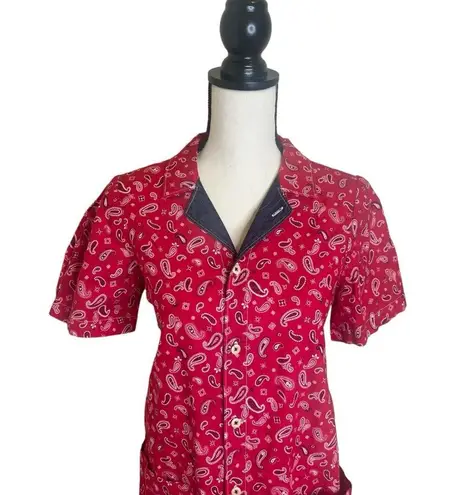 Uqnatu Red Midi Short Sleeve Paisley Red & Denim Dress Size Medium