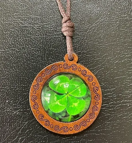 Four Leaf Clover Necklace Green With Brown Cord New