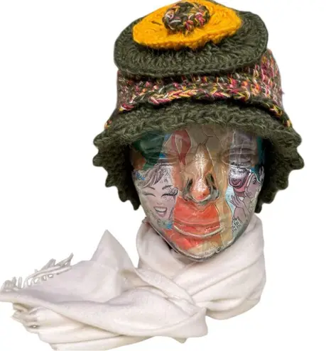 Madison 88 Crochet Flower Hat Madison Multicolor Knit Hat with Vintage Scarf Set Green