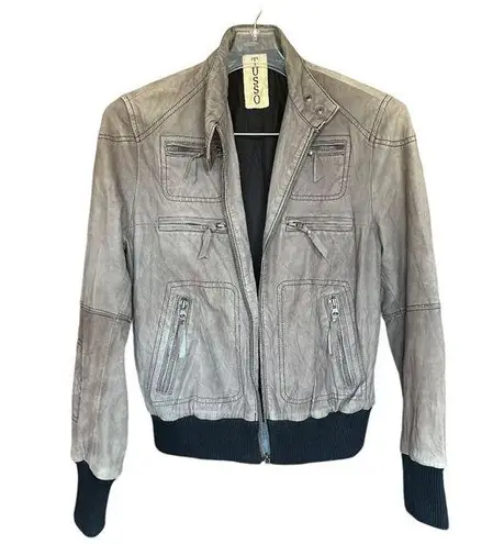 Tusso Grey 100% Leather Zippered Detailed Jacket Sz M Gray Size M