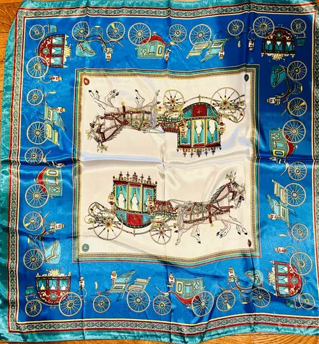 VINTAGE EQUESTRIAN horse&carriage ROYAL BLUE silky SCARF 35’/35’ inches