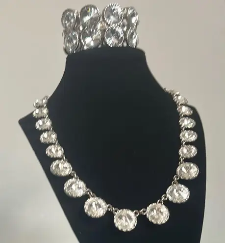 Statement Round Bezel Set Rhinestone Bridal Prom Formal Necklace Bracelet Set Silver