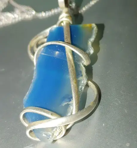 Blue Glass Quartz Silver Wire Wrapped Pendant Necklace On Atlas Sterling Chain