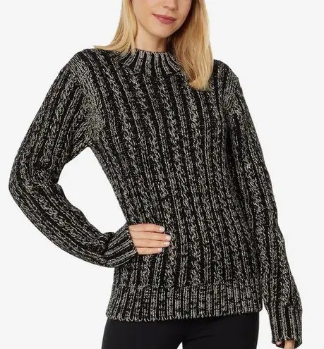Blanc Noir® Lurex Cable Knit Sweater Size Large Black Silver Crew Neck NEW