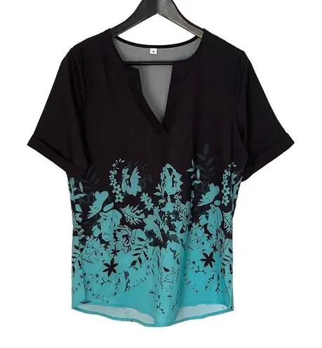 Made with Love Short Sleeve Pullover Blouse Black Turquoise Floral Size Medium