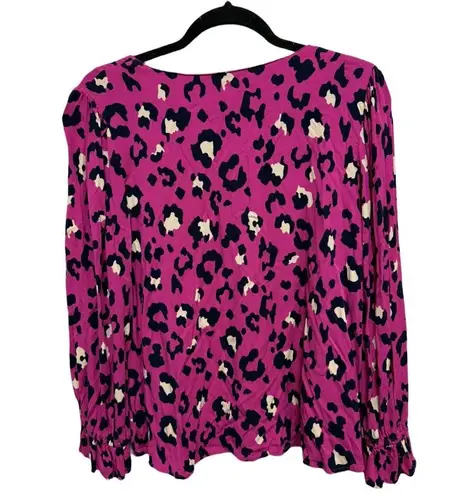 Crown & Ivy  Hot Pink Animal Print Leopard Long Sleeve VNeck Blouse Size Small