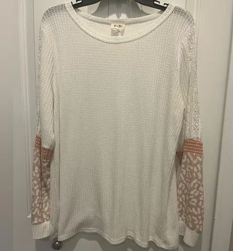 White Waffleknit top with Pink cheetah and lace accents Long Sleeve Top by BiBi Size L