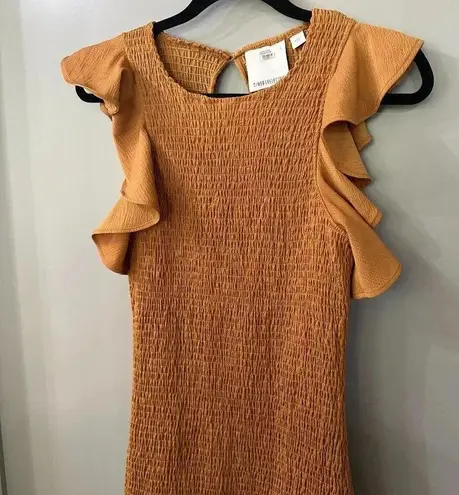 C/MEO COLLECTIVE Expired Mini Dress Smocked Dress Ruffles Gold Size Large US 8