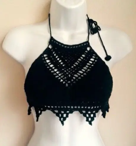 Hand Made Black Crochet Halter High Neck Crop Top
