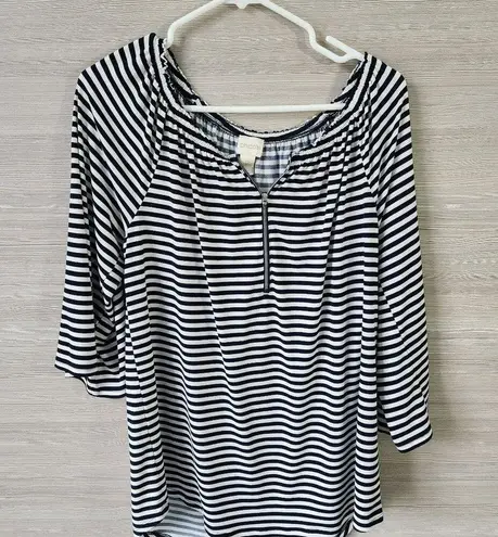 Chico's  Knit Kit Stripe Off-the-Shoulder Top Nautical 3/4 Sleeve Blouse  0 (S/M)