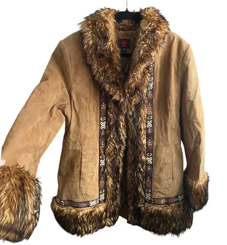 Vintage Penny Lane Suede Fur Trimmed Brown Coat XL Boho Y2K 1990's Winter Cabin