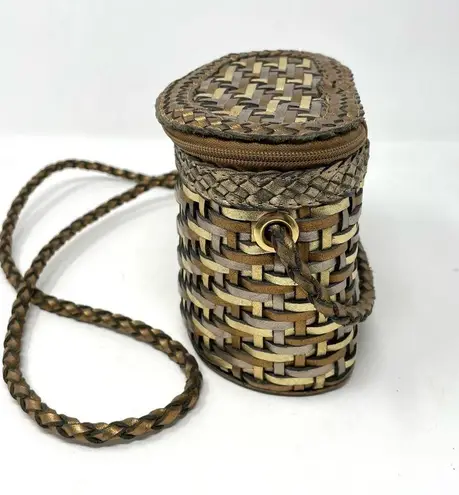 Vintage 90s Metallic Gold Braided Leather Mini Woven Basket Crossbody Purse Bag