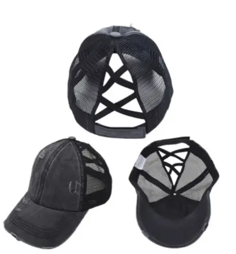 Criss Cross Distressed Hat Black