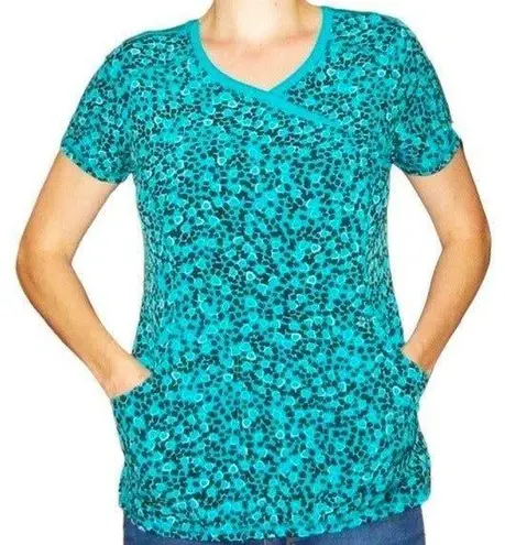 Cherokee heart Leopard Print aqua black Scrub Top nurse medical vet size large.