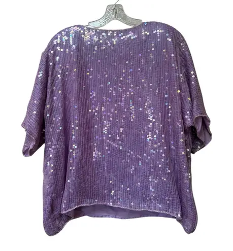 Vintage Purple Sequin Silk Top XL Beaded Short Sleeve Party Blouse