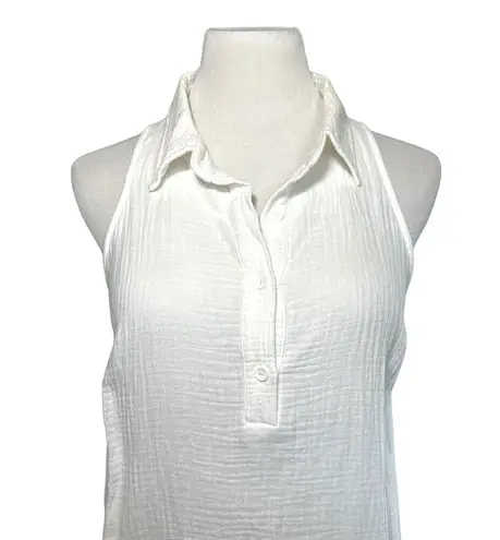 Monrow Gauze Cotton Henley Halter Collared Button Sleeveless Dress White Small