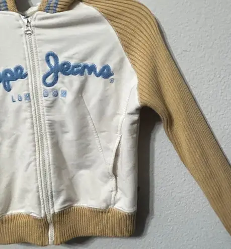 Pepe Jeans Y2K Zip Jacket Ribbed Cream Sleeves & Hood Small Hip-Hop Throwback
