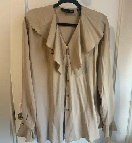 August Silk Beige Tan Brown Large Ruffle Collar Button Up Silk Blouse Medium