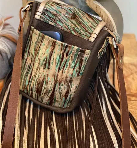 Multicolored metallic leather crossbody purse. Double Fringe, phone pocket
