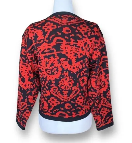 Vintage Jaeger London Cardigan Sweater Bright Red Abstract Pattern Crewneck Black