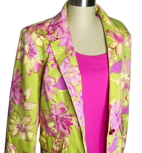 Susan Graver Blazer Top Set Womens Size 14 Green Pink Floral Career Wear