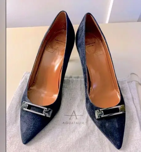 Aquatalia NWOT Italian Navy Blue Suede Stiletto Heels w/Metal Buckles Sz 8*