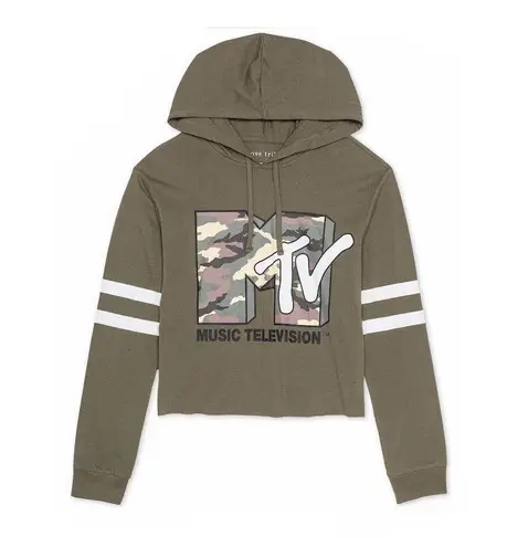 Love Tribe Olive Cropped MTV Graphic Hoodie Long Sleeve Size XL