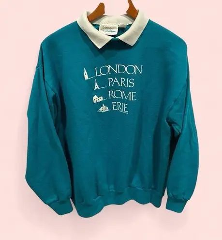 Chic Vintage 80’s teal collared sweatshirt soft London Paris Rome Erie luxe USA Blue Size L