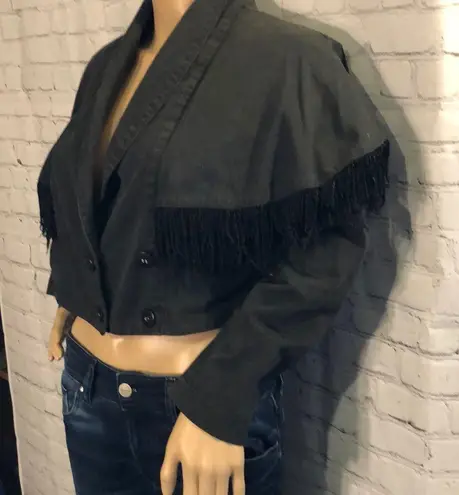 G•S•L Vintage Cropped Jacket Military Cut Cropped Black Jacket Fringe 1980s Size XS