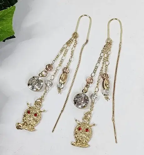 Gold Filled Threader Dangle Earrings Owl and Zirconia Stones Red