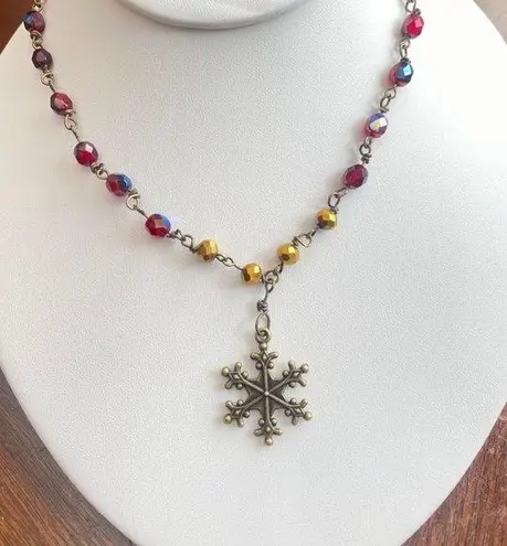 Snowflake Beaded Rosary Style Red, Brass & Golden Wire Wrapped Necklace