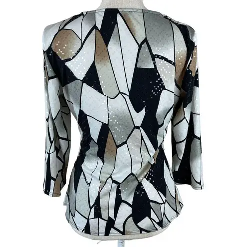 Vintage MSK Sequin Blouse Womens M Black Beige Asymmetrical Artsy Unique 90s Y2k Size M