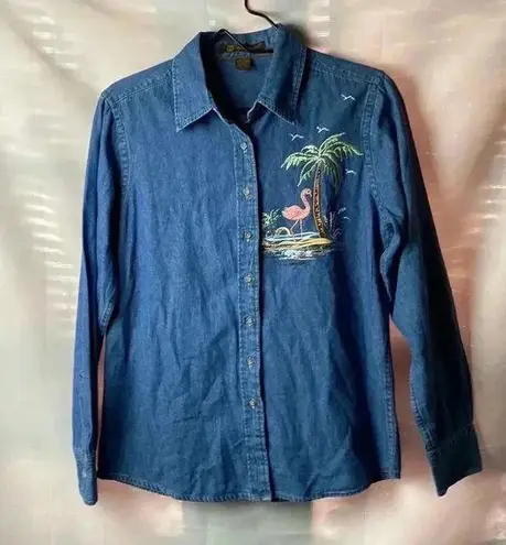 HARRITON WO SIZE M DENIM BUTTON DOWN SHIRT FLAMINGO WITH GLITTER CRYSTAL… Blue Size M