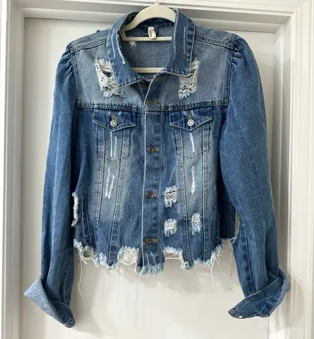 Elan Frayed Distressed Blue Denim Jacket with Slight Crop, Size Large