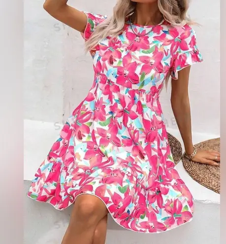 Floral Print Ruffle Hem Dress White Pink Floral Size XL